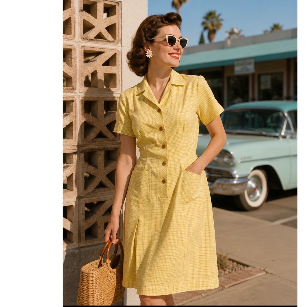 Vtg 50's shirt dress Short Sleeve Button Front Pockets rockabilly handmade